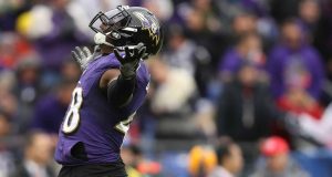 BALTIMORE, MARYLAND - NOVEMBER 17: Inside linebacker Patrick Onwuasor #48 of the Baltimore Ravens reacts after a sack against the Houston Texans during the second quarter at M&T Bank Stadium on November 17, 2019 in Baltimore, Maryland.