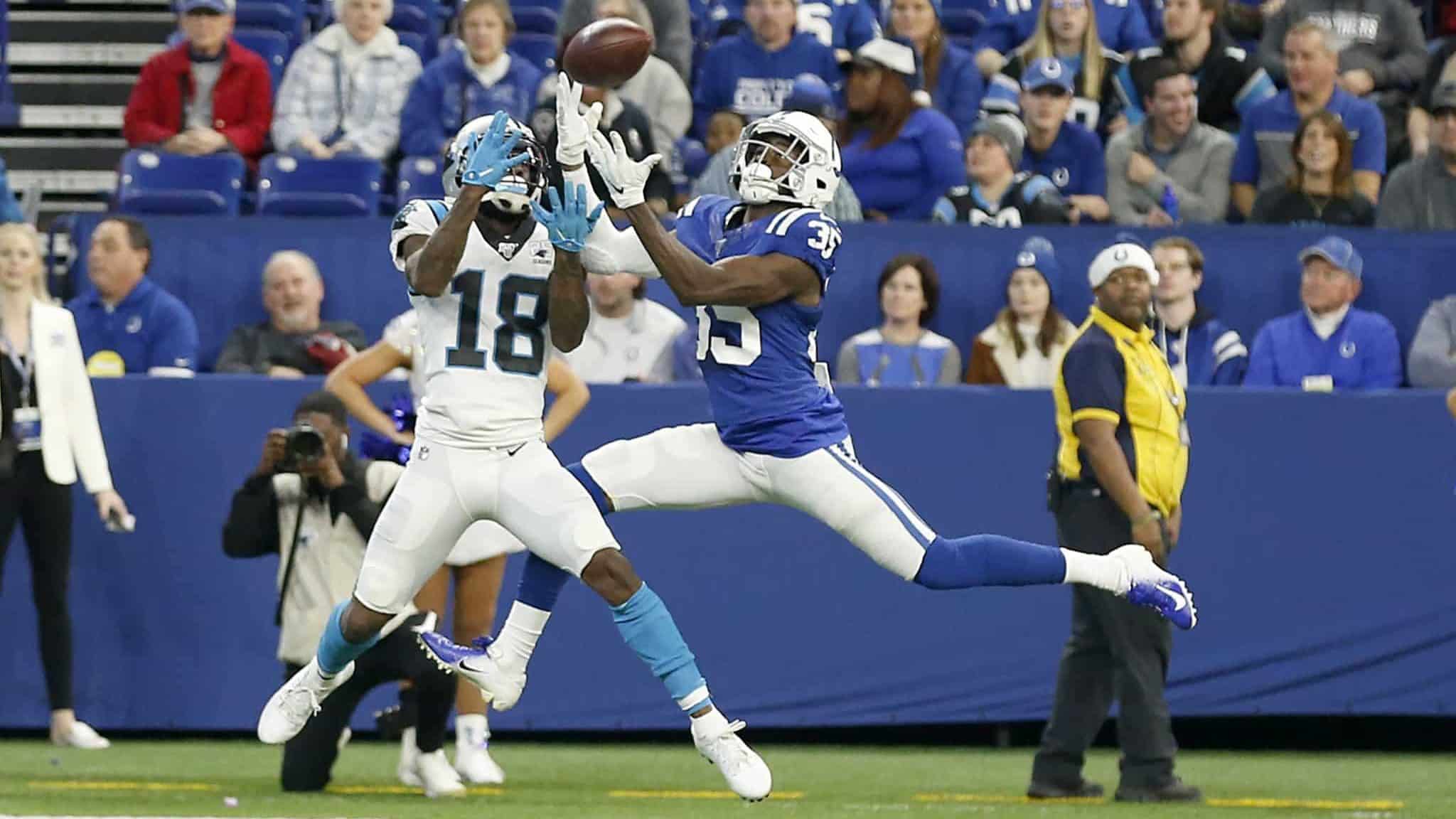 INDIANAPOLIS, INDIANA - DECEMBER 22: Pierre Desir #35 of the Indianapolis Colts intercepts the ball in the game against the Carolina Panthers during the fourth quarter at Lucas Oil Stadium on December 22, 2019 in Indianapolis, Indiana.
