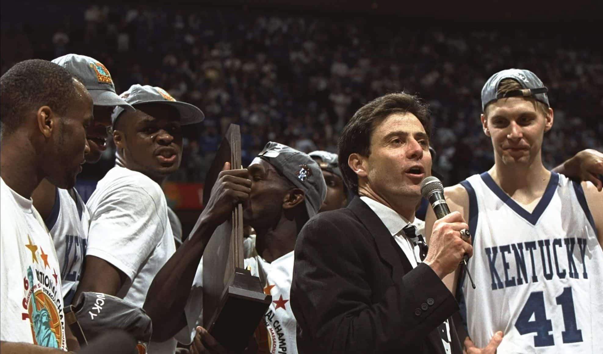 Kentucky Wildcats head coach Rick Pitino talks with his team after a game against the Syracuse Orangemen at the Meadowlands in East Rutherford, New Jersey. Kentucky won the game, 76-67.