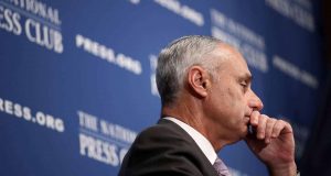 WASHINGTON, DC - JULY 16: Major League Baseball Commissioner Rob Manfred speaks at the National Press Club July 16, 2018 in Washington, DC. The MLB All-Star game will be held tomorrow at Nationals Park.