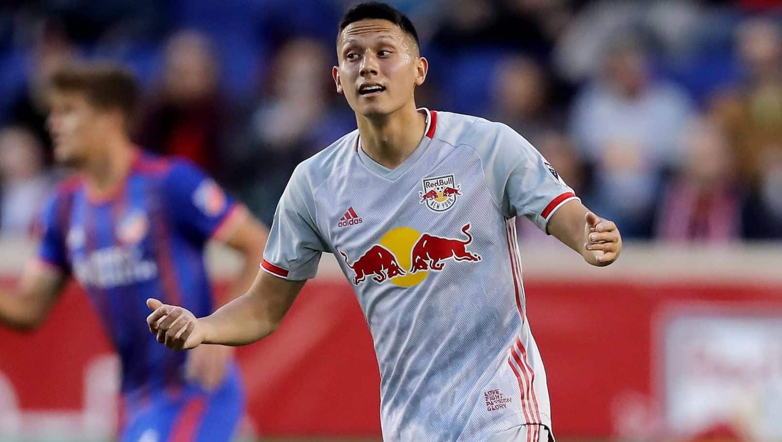 HARRISON, NEW JERSEY - APRIL 27: Sean Davis #27 of New York Red Bulls reacts in the first half against the FC Cincinnati at Red Bull Arena on April 27, 2019 in Harrison, New Jersey.