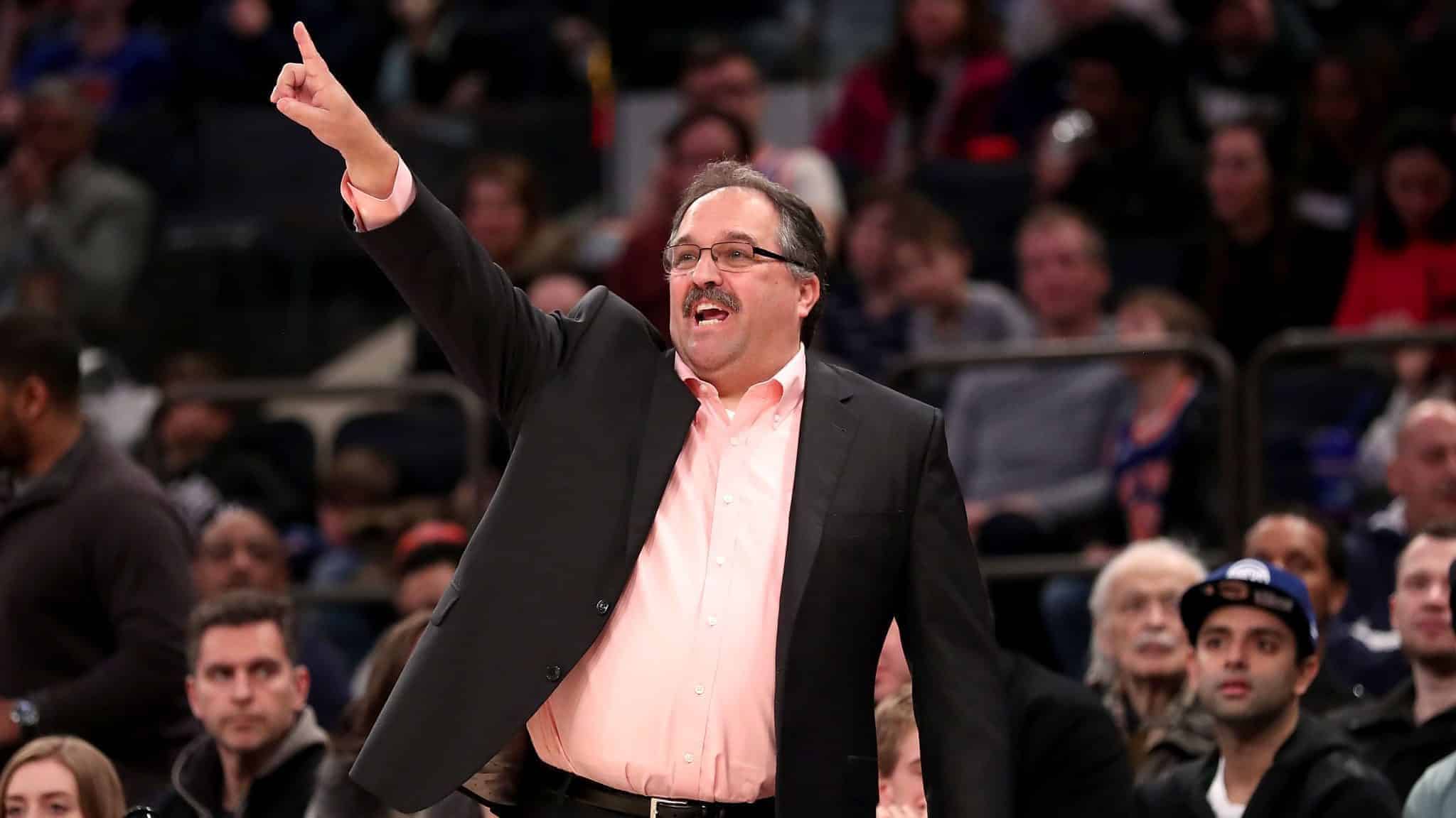 NEW YORK, NY - MARCH 31: Stan Van Gundy of the Detroit Pistons reacts in the third quarter against the New York Knicks during their game at Madison Square Garden on March 31, 2018 in New York City. NOTE TO USER: User expressly acknowledges and agrees that, by downloading and or using this photograph, User is consenting to the terms and conditions of the Getty Images License Agreement.