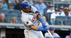 NEW YORK, NY - JULY 20: Yoenis Cespedes #52 of the New York Mets flies out in the first inning against the New York Yankees during their game at Yankee Stadium on July 20, 2018 in New York City.