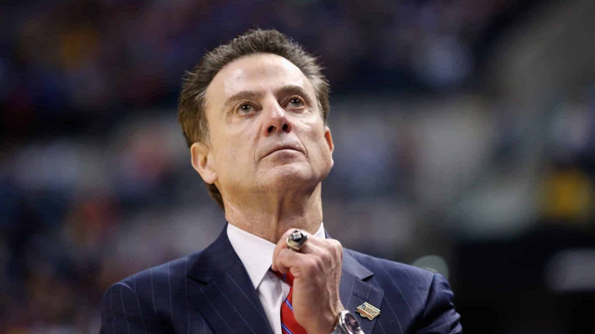 INDIANAPOLIS, IN - MARCH 19: Head coach Rick Pitino of the Louisville Cardinals reacts to their 69-73 loss to the Michigan Wolverines during the second round of the 2017 NCAA Men's Basketball Tournament at the Bankers Life Fieldhouse on March 19, 2017 in Indianapolis, Indiana.