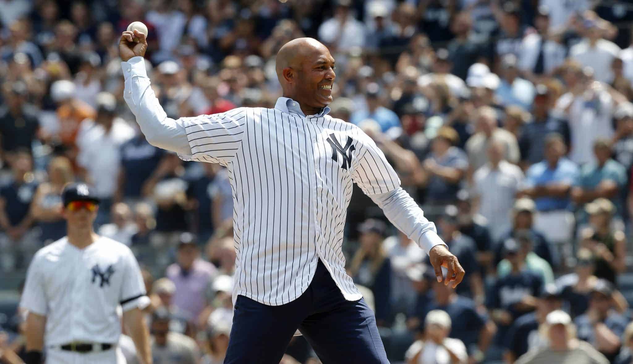NEW YORK, NEW YORK - AUGUST 17: 2019 National Baseball Hall of Fame inductee and former New York Yankee Mariano Rivera throws the ceremonial first pitch before a game between the Yankees and the Cleveland Indians at Yankee Stadium on August 17, 2019 in New York City.