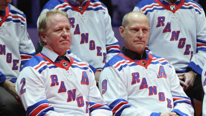 NEW YORK, NEW YORK - FEBRUARY 08: (l-r) Brian Leetch and Adam Graves of the New York Rangers Stanley Cup winning team of 1994 attend a ceremony prior to the Rangers game against the Carolina Hurricanes at Madison Square Garden on February 08, 2019 in New York City. The Rangers were celebrating the 25th anniversary of their Stanley Cup win in 1994.