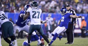 EAST RUTHERFORD, NEW JERSEY - DECEMBER 29: Aldrick Rosas #2 of the New York Giants kicks a field goal against the Philadelphia Eagles during the second quarter in the game at MetLife Stadium on December 29, 2019 in East Rutherford, New Jersey.