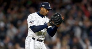 NEW YORK, NEW YORK - OCTOBER 18: Aroldis Chapman #54 of the New York Yankees looks on against the Houston Astros during the ninth inning in game five of the American League Championship Series at Yankee Stadium on October 18, 2019 in New York City.