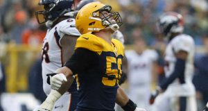 GREEN BAY, WISCONSIN - SEPTEMBER 22: Blake Martinez #50 of the Green Bay Packers reacts after tackling Phillip Lindsay #30 of the Denver Broncos during the second half at Lambeau Field on September 22, 2019 in Green Bay, Wisconsin.