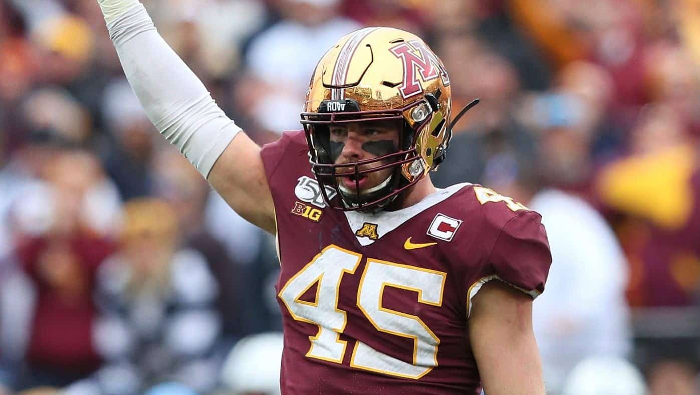 MINNEAPOLIS, MN - NOVEMBER 09: Carter Coughlin #45 of the Minnesota Golden Gophers celebrates a sack in the. fourth quarter against the Penn State Nittany Lions at TCFBank Stadium on November 9, 2019 in Minneapolis, Minnesota. The Minnesota Golden Gophers defeated the Penn State Nittany Lions 31-26 to remain undefeated.