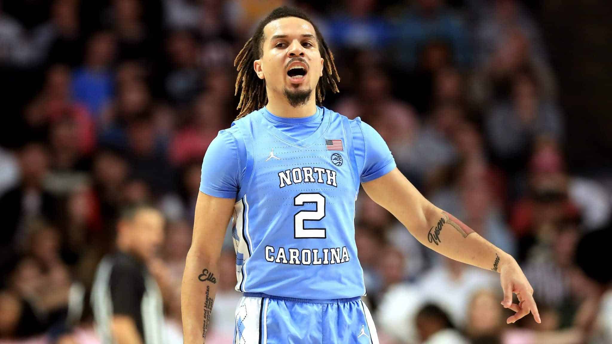 WINSTON-SALEM, NORTH CAROLINA - FEBRUARY 11: Cole Anthony #2 of the North Carolina Tar Heels reacts after a play against the Wake Forest Demon Deacons during their game at LJVM Coliseum Complex on February 11, 2020 in Winston-Salem, North Carolina.