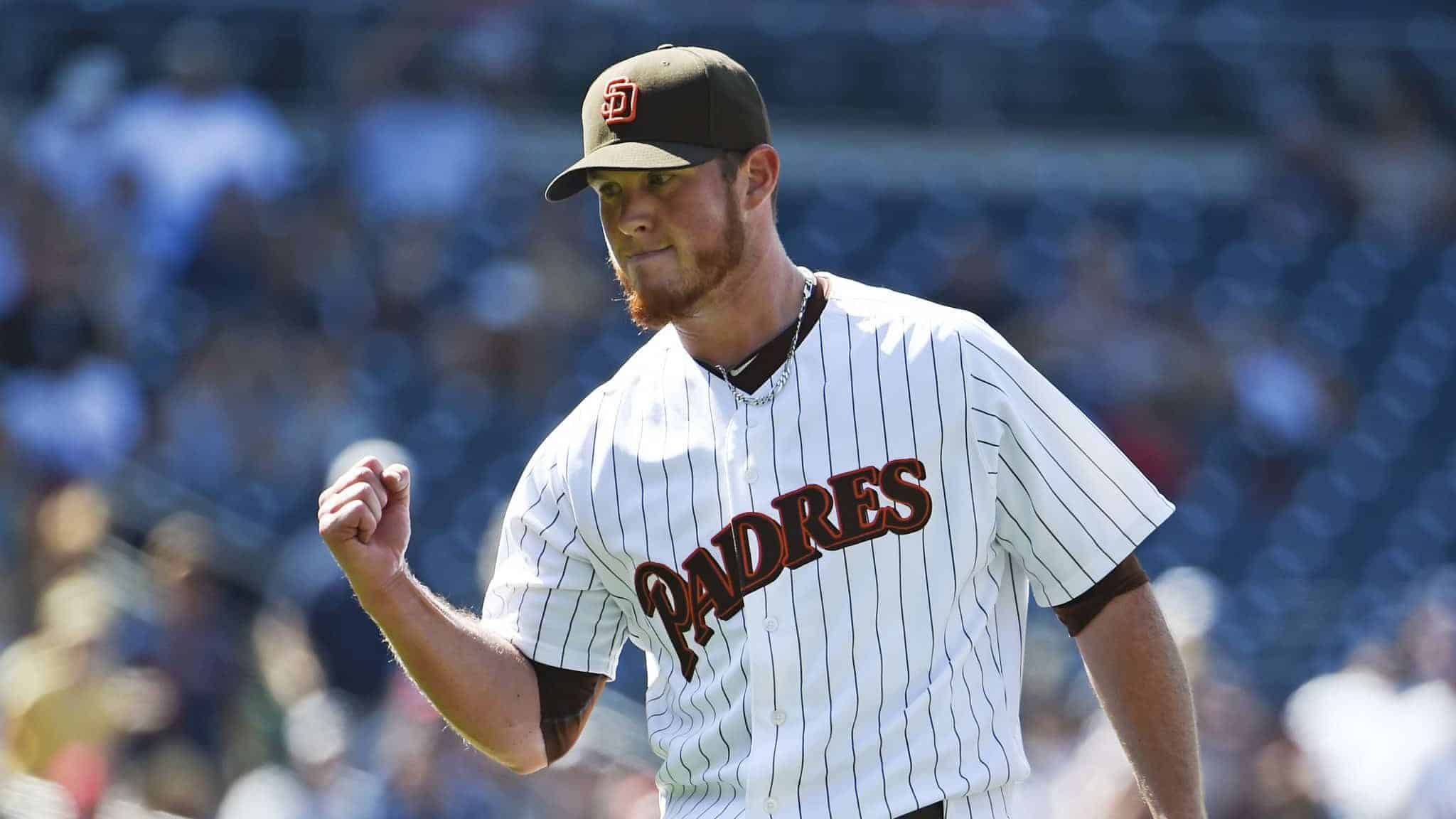 SAN DIEGO, CA - AUGUST 19: Craig Kimbrel #46 of the San Diego Padres pumps his fist after a 3-2 win over the Atlanta Braves in a baseball game at Petco Park August 19, 2015 in San Diego, California.