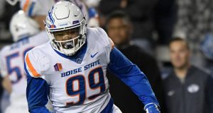 PROVO, UT - OCTOBER 6: Curtis Weaver #99 of the Boise State Broncos celebrates a play during their game against the Brigham Young Cougars at LaVell Edwards Stadium on October 6, 2017 in Provo, Utah.