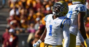 TEMPE, AZ - NOVEMBER 10: Defensive back Darnay Holmes #1 of the UCLA Bruins celebrates after returing an interception for a 31 yard touchdown in the first half against the Arizona State Sun Devils at Sun Devil Stadium on November 10, 2018 in Tempe, Arizona.