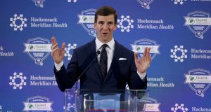 EAST RUTHERFORD, NEW JERSEY - JANUARY 24: Eli Manning of the New York Giants announces his retirement during a press conference on January 24, 2020 at Quest Diagnostic Training Center in East Rutherford, New Jersey.The two time Super Bowl MVP is retiring after 16 seasons with the team.