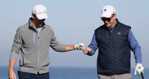 PEBBLE BEACH, CALIFORNIA - FEBRUARY 07: Former NFL players Eli and Peyton Manning celebrate during the second round of the AT&T Pebble Beach Pro-Am at Monterey Peninsula Country Club on February 07, 2020 in Pebble Beach, California.