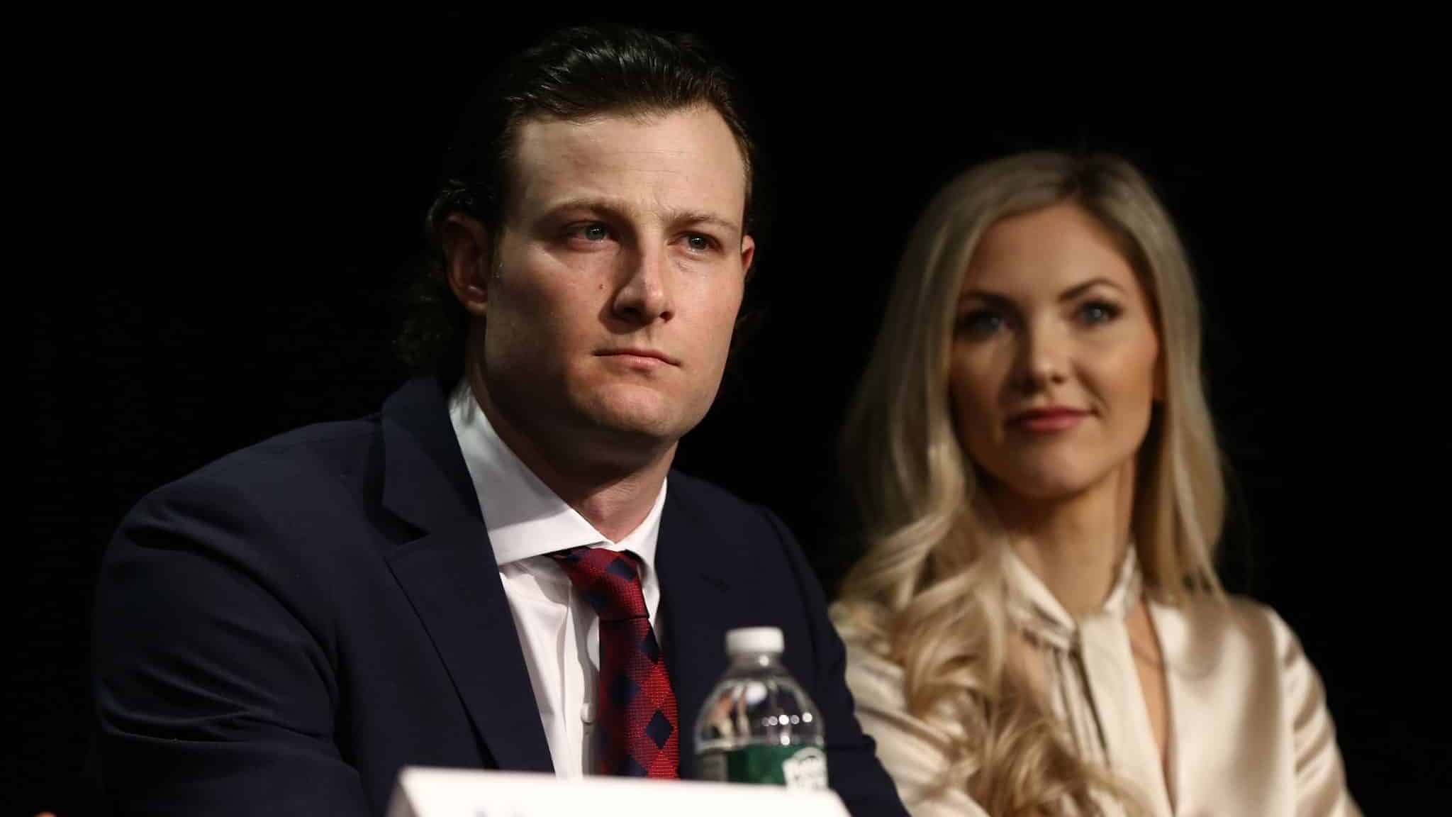 NEW YORK, NEW YORK - DECEMBER 18: Gerrit Cole and his wife Amy Cole looks on during a press conference at Yankee Stadium during a press conference at Yankee Stadium on December 18, 2019 in New York City.