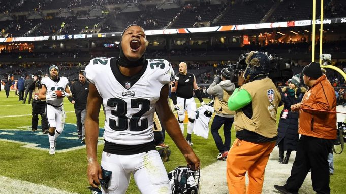 CHICAGO, ILLINOIS - JANUARY 06: Rasul Douglas #32 of the Philadelphia Eagles celebrates their 16 to 15 win over the Chicago Bears in the NFC Wild Card Playoff game at Soldier Field on January 06, 2019 in Chicago, Illinois. New York Jets