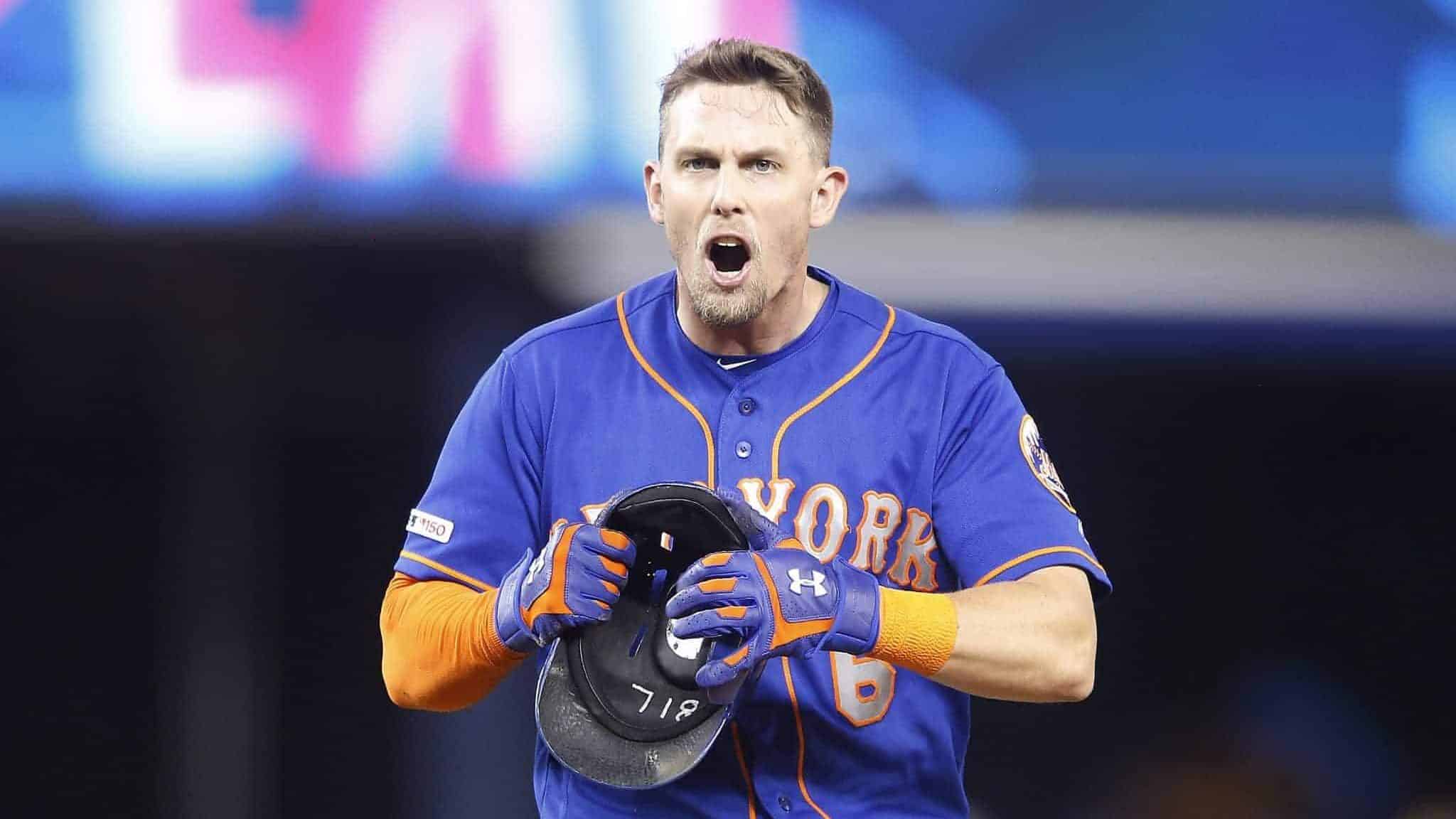 MIAMI, FLORIDA - JULY 13: Jeff McNeil #6 of the New York Mets reacts after being thrown out in the seventh inning against the Miami Marlins at Marlins Park on July 13, 2019 in Miami, Florida.