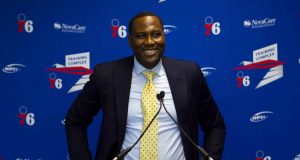 CAMDEN, NJ - SEPTEMBER 13: General Manager Elton Brand of the Philadelphia 76ers speaks at the podium prior to the team unveiling a sculpture to honor Charles Barkley at their practice facility on September 13, 2019 in Camden, New Jersey. (