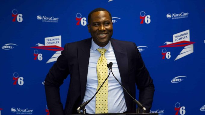CAMDEN, NJ - SEPTEMBER 13: General Manager Elton Brand of the Philadelphia 76ers speaks at the podium prior to the team unveiling a sculpture to honor Charles Barkley at their practice facility on September 13, 2019 in Camden, New Jersey. (