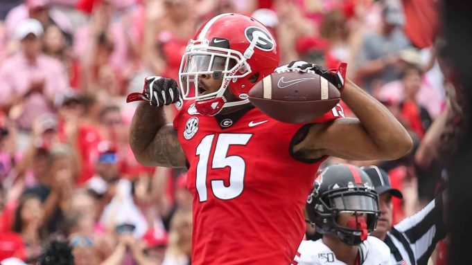 ATHENS, GA - SEPTEMBER 14: Lawrence Cager #15 of the Georgia Bulldogs celebrates a pass reception for a touchdown during the first half of a game against the Arkansas State Red Wolves at Sanford Stadium on September 14, 2019 in Athens, Georgia. New York Jets