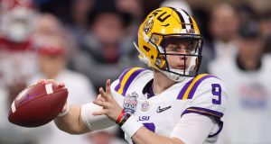 ATLANTA, GEORGIA - DECEMBER 28: Joe Burrow #9 of the LSU Tigers plays against the Oklahoma Sooners during the College Football Playoff Semifinal in the Chick-fil-A Peach Bowl at Mercedes-Benz Stadium on December 28, 2019 in Atlanta, Georgia. NFL Draft