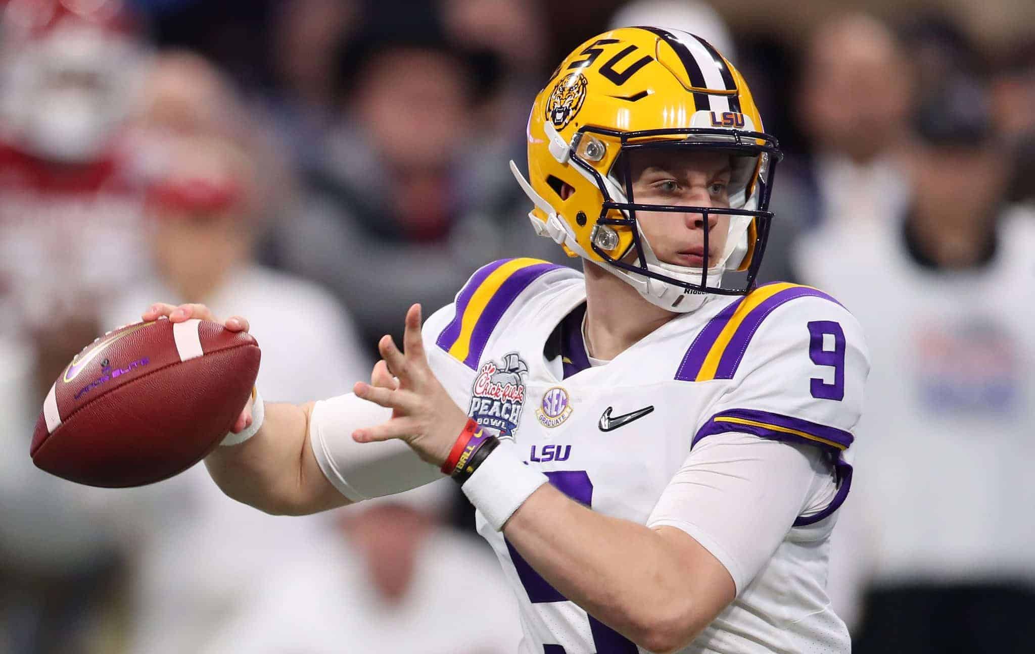 ATLANTA, GEORGIA - DECEMBER 28: Joe Burrow #9 of the LSU Tigers plays against the Oklahoma Sooners during the College Football Playoff Semifinal in the Chick-fil-A Peach Bowl at Mercedes-Benz Stadium on December 28, 2019 in Atlanta, Georgia. NFL Draft