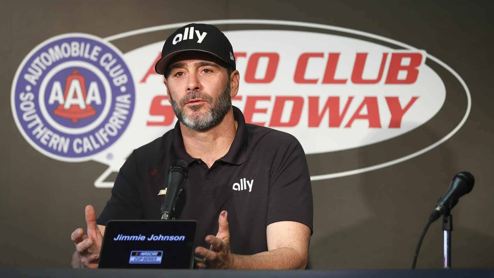 FONTANA, CALIFORNIA - FEBRUARY 28: Jimmie Johnson, driver of the #48 Ally Chevrolet, speaks ahead of practice at Auto Club Speedway on February 28, 2020 in Fontana, California.