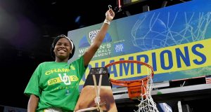 LAS VEGAS, NEVADA - MARCH 08: Ruthy Hebard #24 of the Oregon Ducks cuts down a net after the team defeated the Stanford Cardinal 89-56 to win the championship game of the Pac-12 Conference women's basketball tournament at the Mandalay Bay Events Center on March 8, 2020 in Las Vegas, Nevada. (