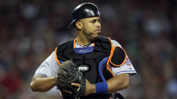 PHOENIX, AZ - AUGUST 13: Catcher Ronny Paulino #9 of the New York Mets during the Major League Baseball game against the Arizona Diamondbacks at Chase Field on August 13, 2011 in Phoenix, Arizona. The Diamondbacks defeated the Mets 6-4.