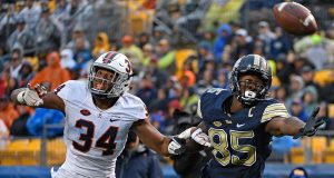 PITTSBURGH, PA - OCTOBER 28: Jester Weah #85 of the Pittsburgh Panthers cannot make a catch while being defended by Bryce Hall #34 of the Virginia Cavaliers in the first half during the game at Heinz Field on October 28, 2017 in Pittsburgh, Pennsylvania. New York Jets