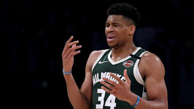 LOS ANGELES, CALIFORNIA - MARCH 06: Giannis Antetokounmpo #34 of the Milwaukee Bucks reacts as he is called for a foul during the third quarter against the Los Angeles Lakers at Staples Center on March 06, 2020 in Los Angeles, California. NOTE TO USER: User expressly acknowledges and agrees that, by downloading and or using this photograph, User is consenting to the terms and conditions of the Getty Images License Agreement.