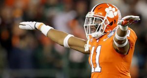 CHARLOTTE, NC - DECEMBER 02: Isaiah Simmons #11 of the Clemson Tigers reacts after a pass break up against the Miami Hurricanes in the second quarter during the ACC Football Championship at Bank of America Stadium on December 2, 2017 in Charlotte, North Carolina.