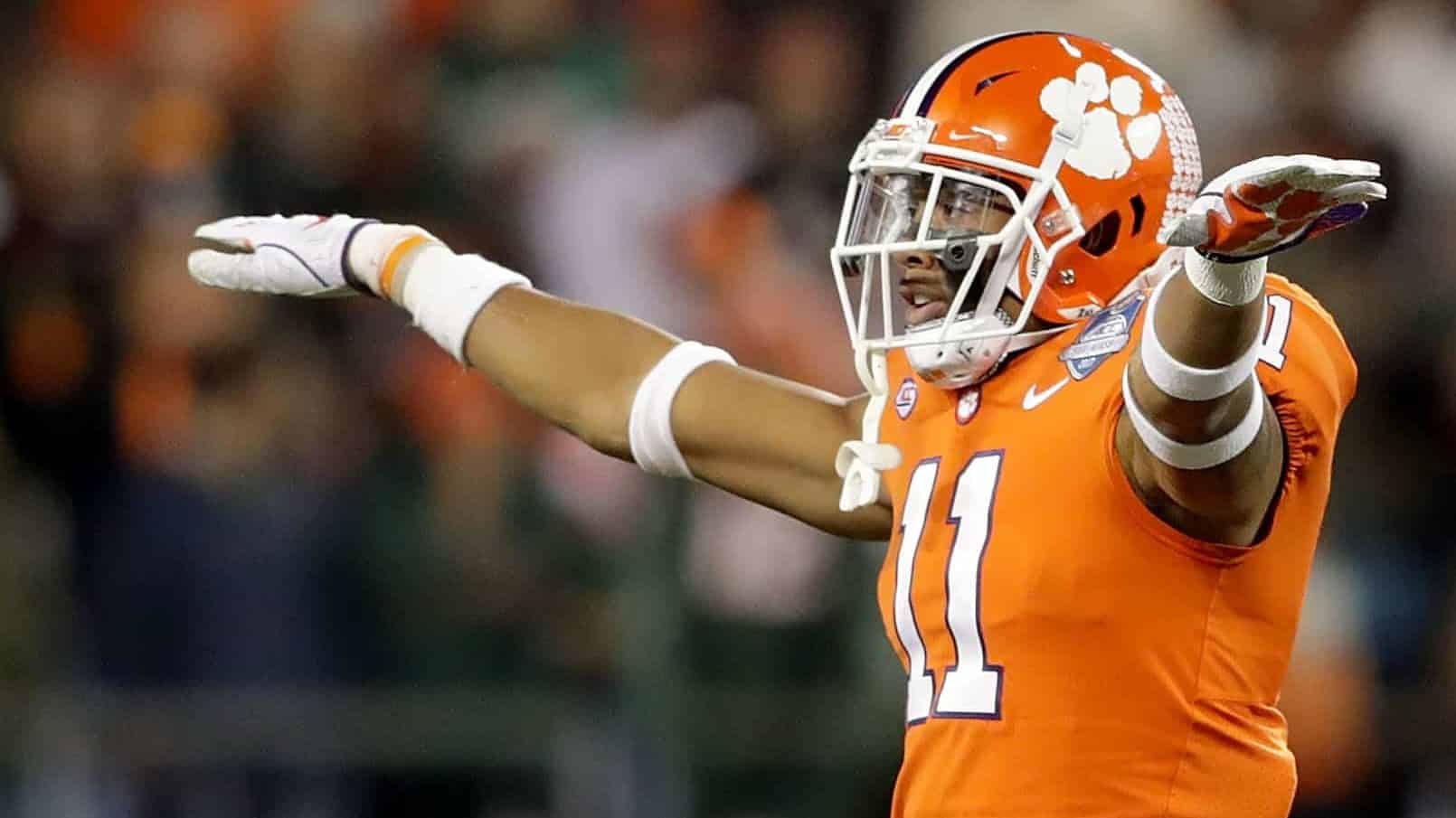 CHARLOTTE, NC - DECEMBER 02: Isaiah Simmons #11 of the Clemson Tigers reacts after a pass break up against the Miami Hurricanes in the second quarter during the ACC Football Championship at Bank of America Stadium on December 2, 2017 in Charlotte, North Carolina.