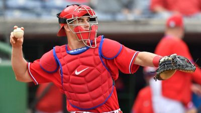 CLEARWATER, FLORIDA - FEBRUARY 25: J.T. Realmuto #10 of the Philadelphia Phillies throws the ball back to the pitcher in the third inning during the spring training game against the Toronto Blue Jays at Spectrum Field on February 25, 2020 in Clearwater, Florida.