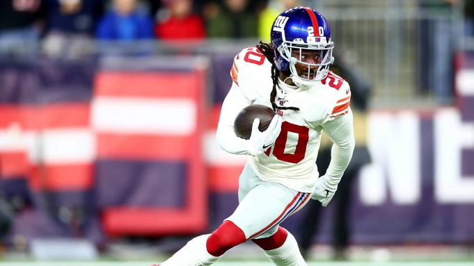 FOXBOROUGH, MASSACHUSETTS - OCTOBER 10: Janoris Jenkins #20 of the New York Giants intercepts a ball intended for Julian Edelman #11 of the New England Patriots during the first quarter in the game at Gillette Stadium on October 10, 2019 in Foxborough, Massachusetts.