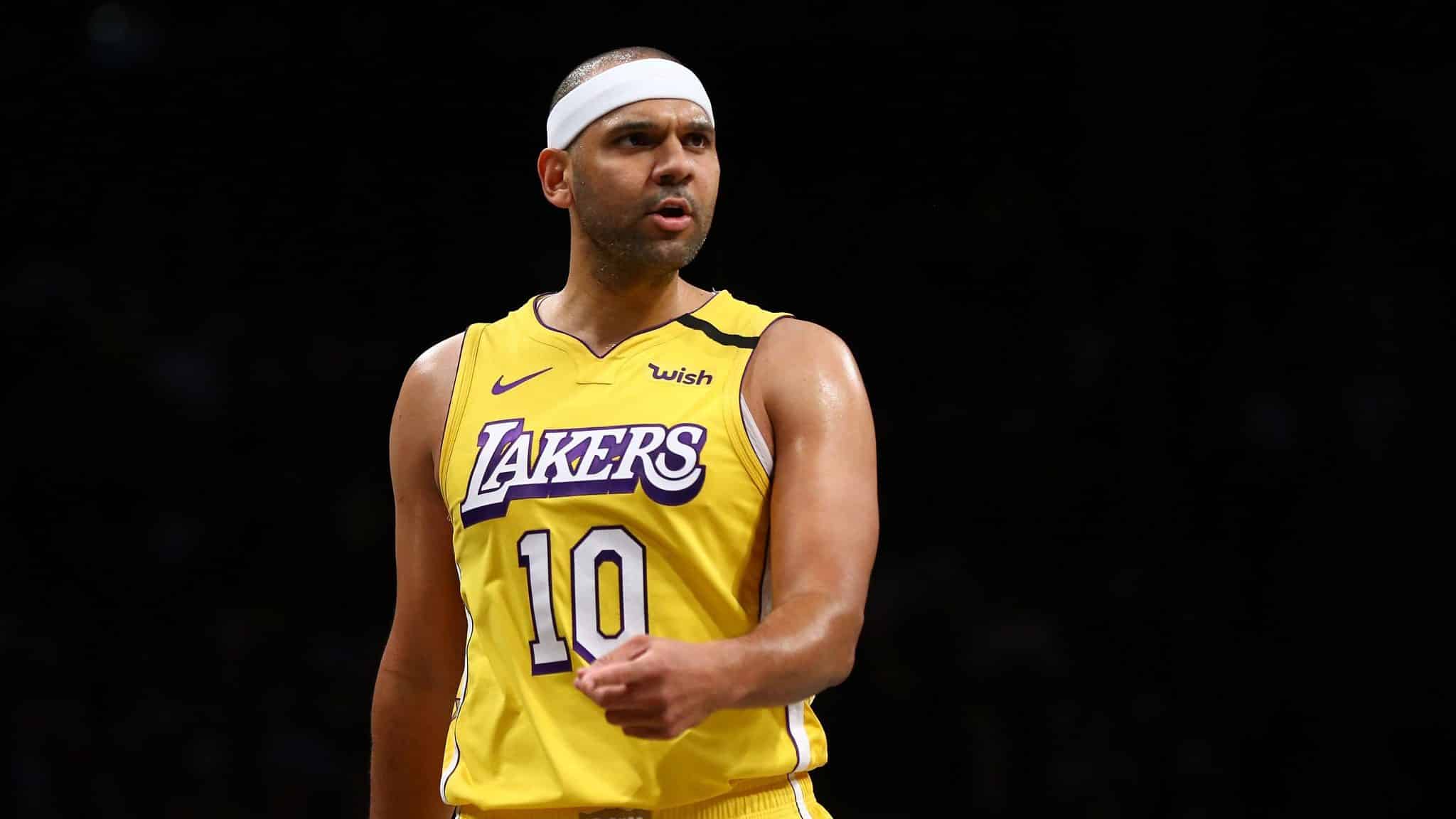 NEW YORK, NEW YORK - JANUARY 23: Jared Dudley #10 of the Los Angeles Lakers in action against the Brooklyn Netsat Barclays Center on January 23, 2020 in New York City. NOTE TO USER: User expressly acknowledges and agrees that, by downloading and or using this photograph, User is consenting to the terms and conditions of the Getty Images License Agreement.