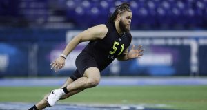 INDIANAPOLIS, IN - FEBRUARY 28: Offensive lineman Jedrick Wills Jr. of Alabama runs a drill during the NFL Combine at Lucas Oil Stadium on February 28, 2020 in Indianapolis, Indiana.