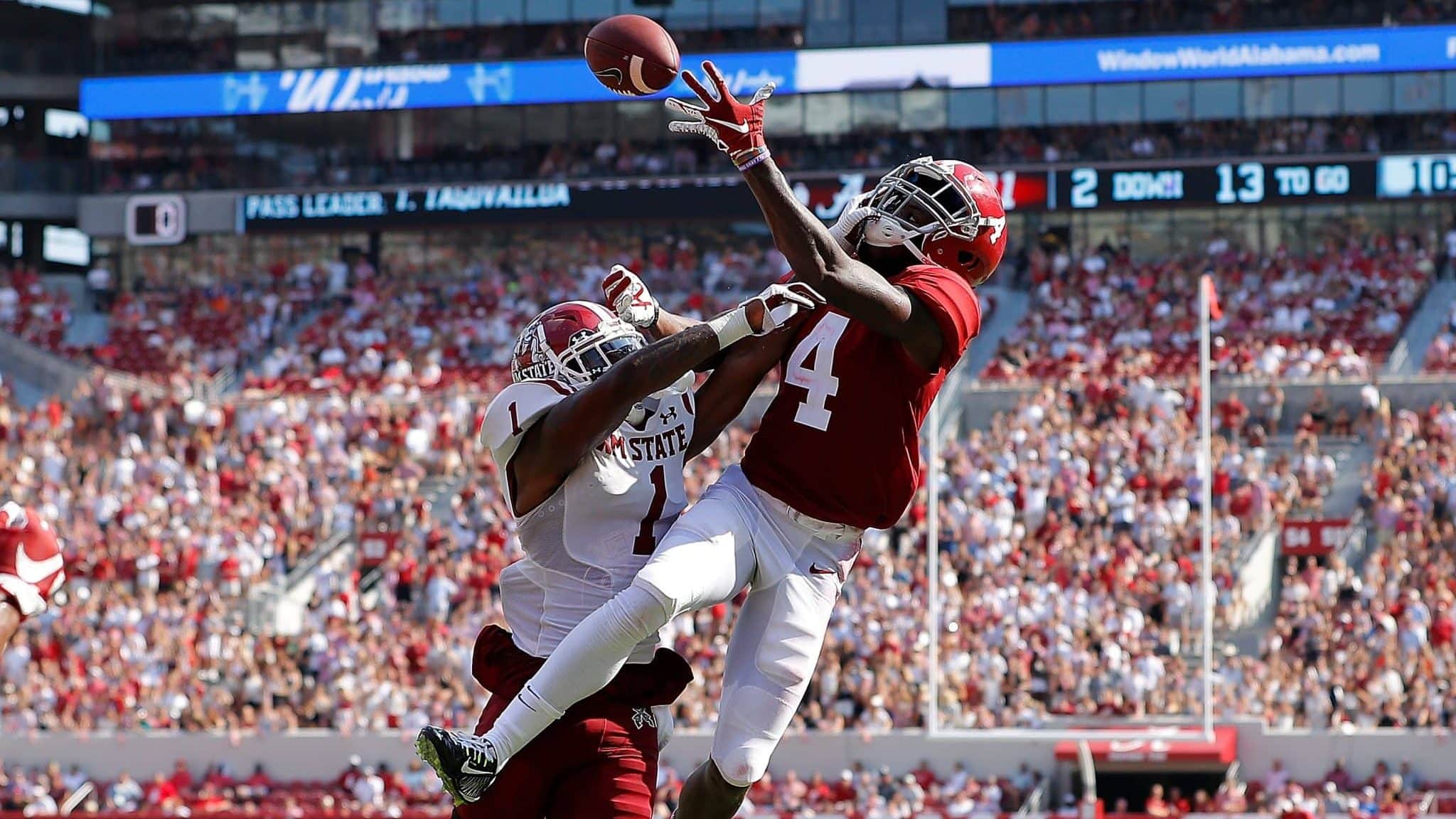 TUSCALOOSA, ALABAMA - SEPTEMBER 07: Jerry Jeudy #4 of the Alabama Crimson Tide fails to pull in this reception as he is defended by Ray Buford Jr. #1 of the New Mexico State Aggies at Bryant-Denny Stadium on September 07, 2019 in Tuscaloosa, Alabama.