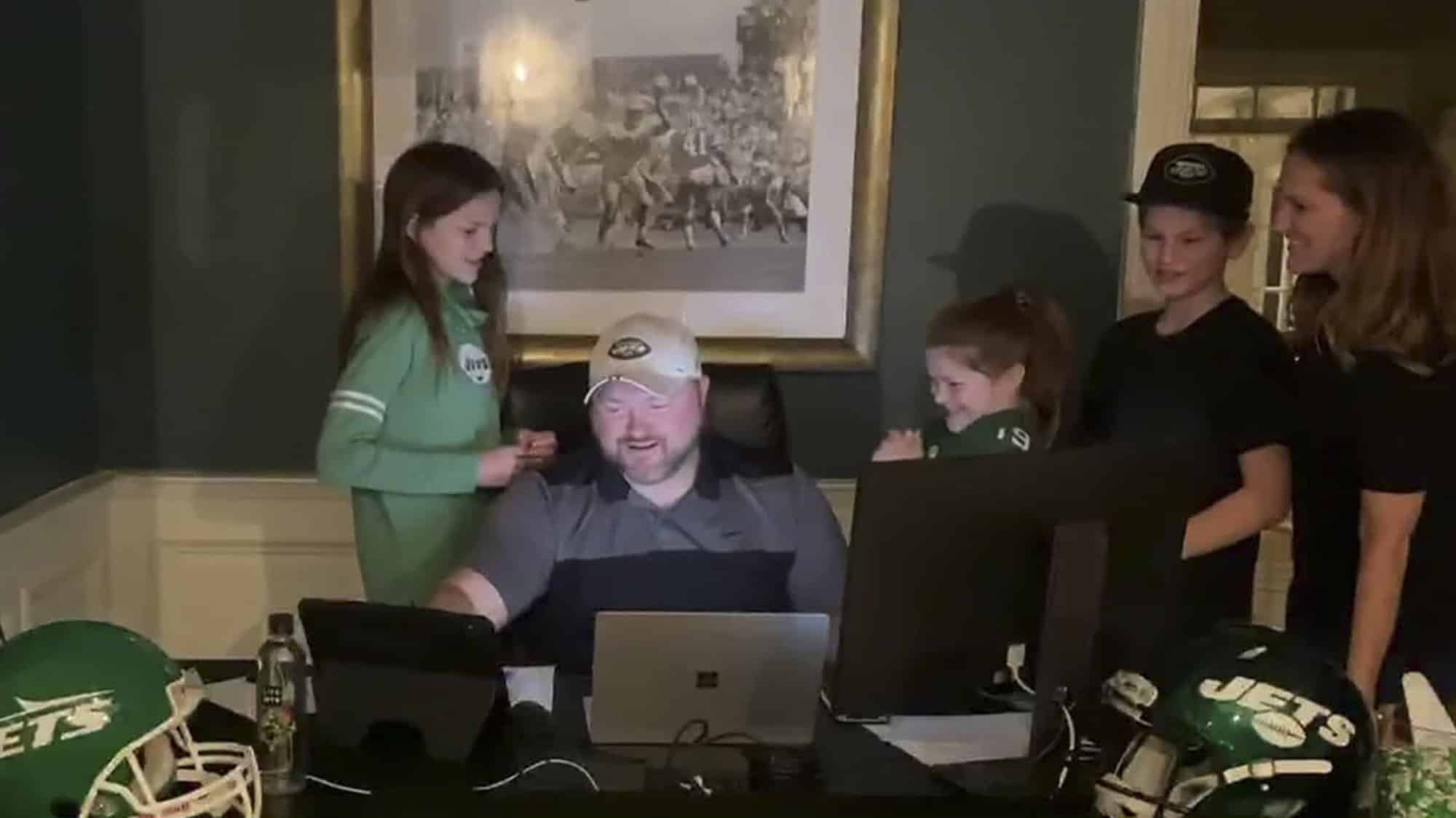 UNSPECIFIED LOCATION - APRIL 24: (EDITORIAL USE ONLY) In this still image from video provided by the NFL, New York Jets general manager Joe Douglas, seated, works during the second round of the 2020 NFL Draft on April 24, 2020.