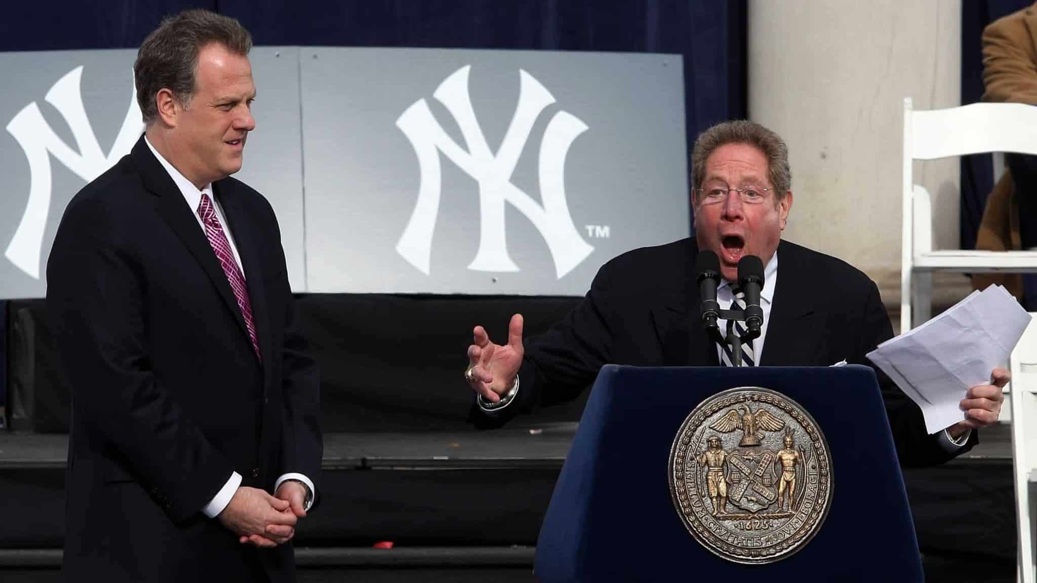 NEW YORK - NOVEMBER 06: New York Yankees broadcasters Michael Kay (L) and John Sterling speak during the New York Yankees World Series Victory Celebration at City Hall on November 6, 2009 in New York, New York.