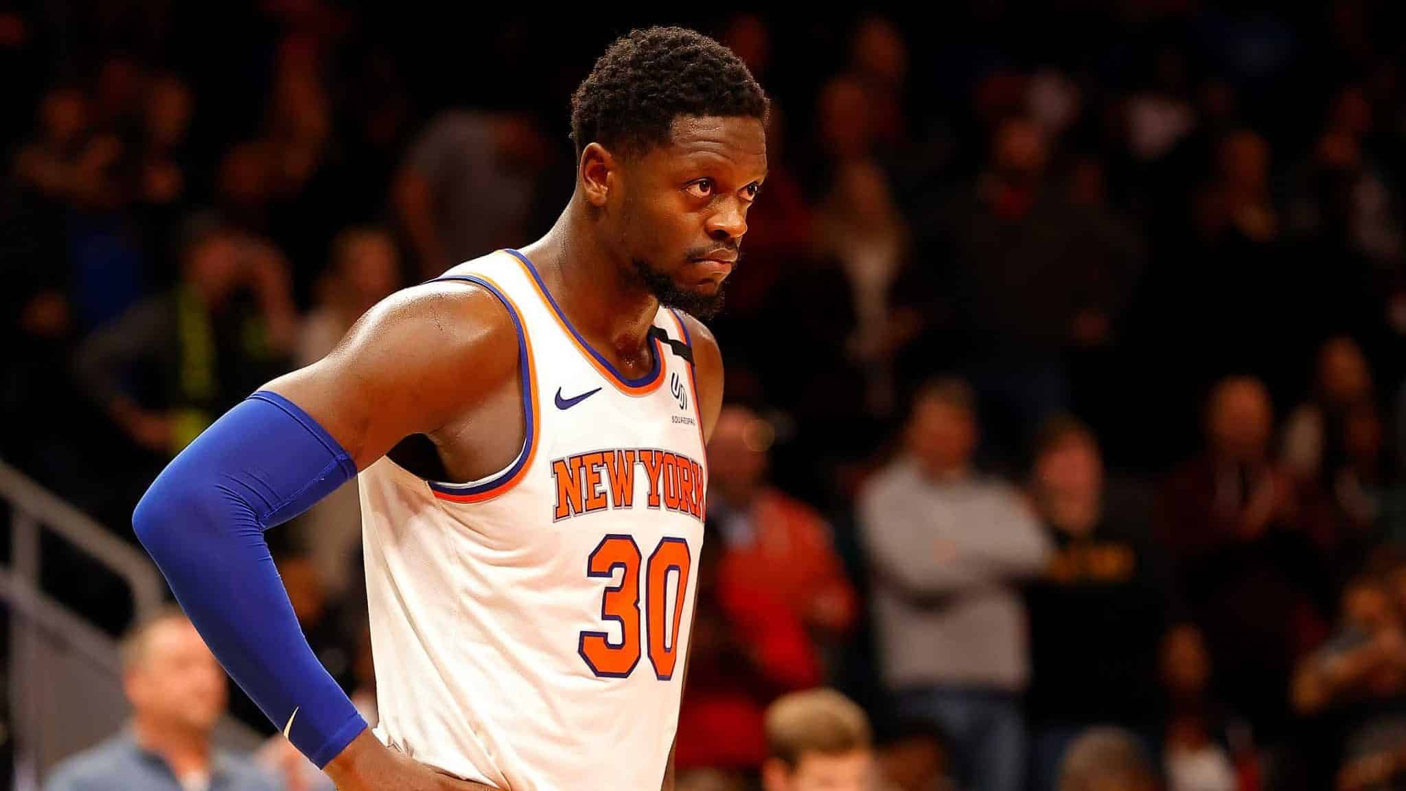 ATLANTA, GEORGIA - FEBRUARY 09: Julius Randle #30 of the New York Knicks reacts in the first overtime against the Atlanta Hawks at State Farm Arena on February 09, 2020 in Atlanta, Georgia. NOTE TO USER: User expressly acknowledges and agrees that, by downloading and/or using this photograph, user is consenting to the terms and conditions of the Getty Images License Agreement.