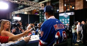 DALLAS, TX - JUNE 22: K'Andre Miller speaks to the media after being selected twenty-second overall by the New York Rangers during the first round of the 2018 NHL Draft at American Airlines Center on June 22, 2018 in Dallas, Texas.