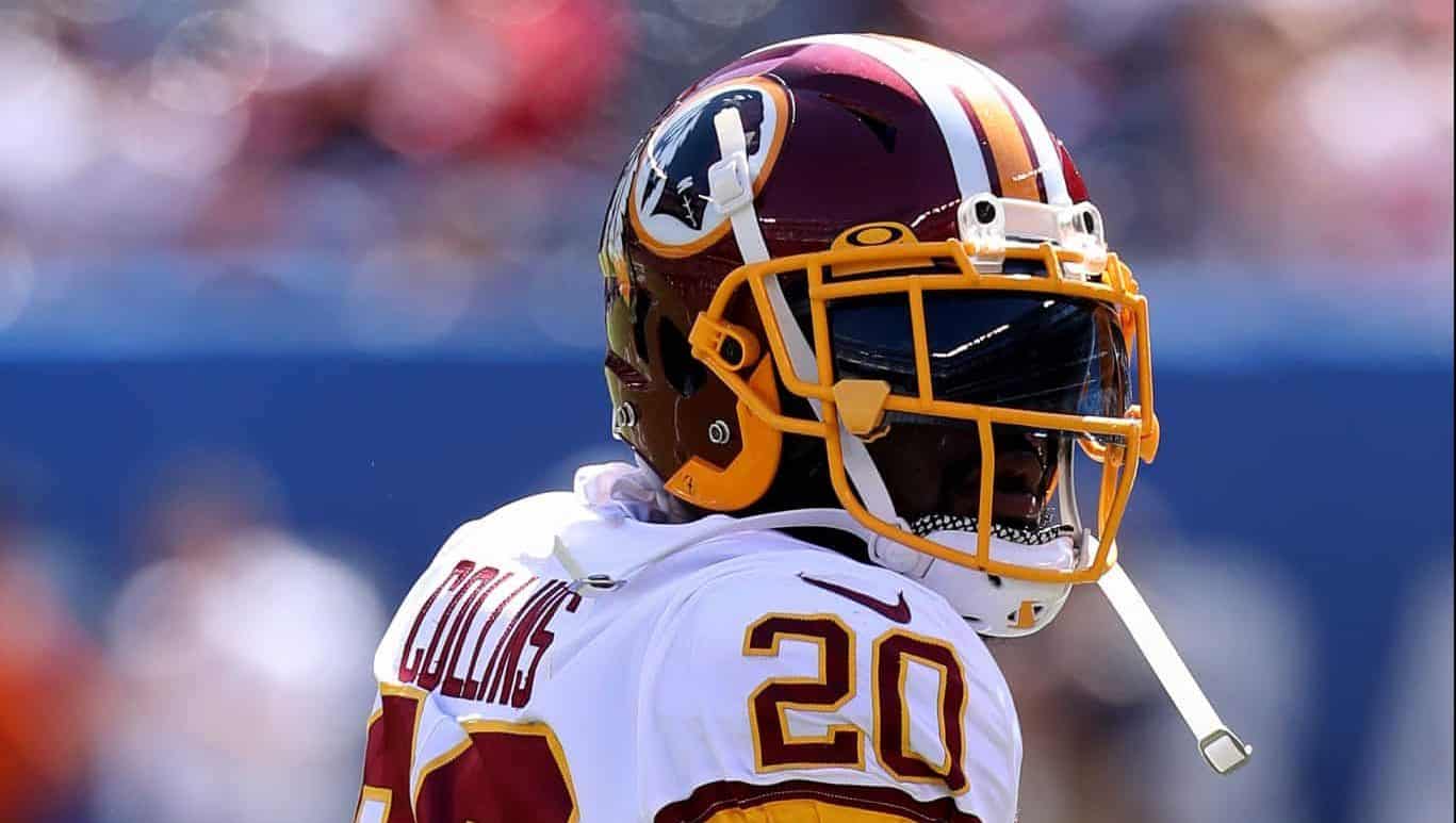 EAST RUTHERFORD, NEW JERSEY - SEPTEMBER 29: Landon Collins #20 of the Washington Redskins warms up prior to the game against the New York Giants at MetLife Stadium on September 29, 2019 in East Rutherford, New Jersey.