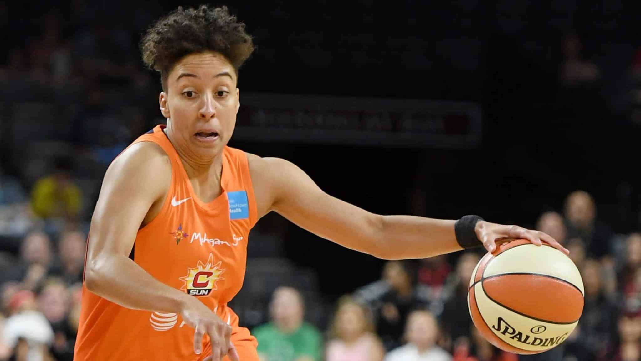 LAS VEGAS, NEVADA - JUNE 02: Layshia Clarendon #23 of the Connecticut Sun drives against the Las Vegas Aces during their game at the Mandalay Bay Events Center on June 2, 2019 in Las Vegas, Nevada. The Sun defeated the Aces 80-74. NOTE TO USER: User expressly acknowledges and agrees that, by downloading and or using this photograph, User is consenting to the terms and conditions of the Getty Images License Agreement.