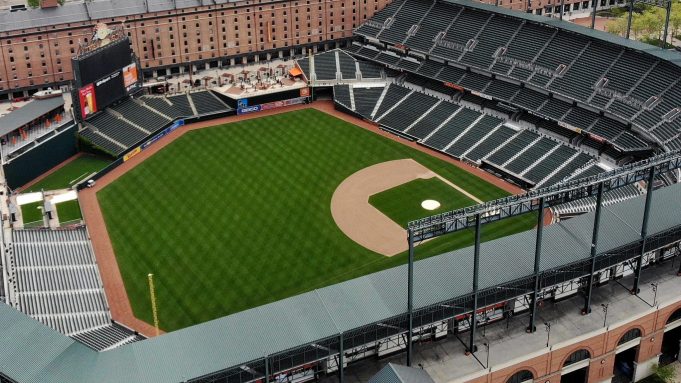 BALTIMORE, MD. - APRIL 29: An aerial view from a drone shows the Camden Yards baseball stadium on April 29, 2020 in Baltimore, Maryland. Baseball season has been put on hold due to states enacting stay-at-home orders and banning all non-essential travel to slow the spread of the coronavirus.