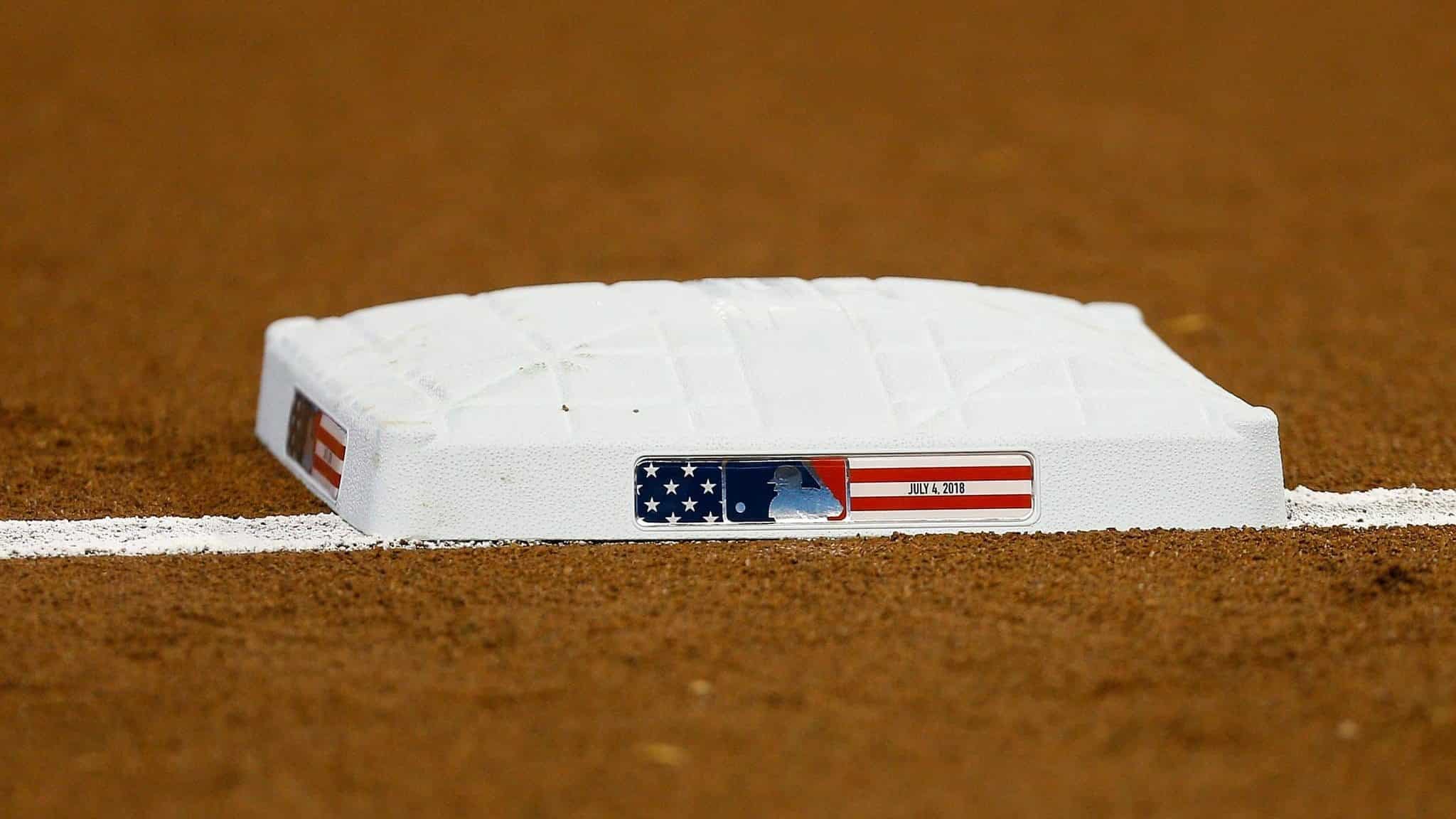 MIAMI, FL - JULY 04: A detail of third base with Independence Day themed logo prior to the game between the Miami Marlins and the Tampa Bay Rays at Marlins Park on July 4, 2018 in Miami, Florida.