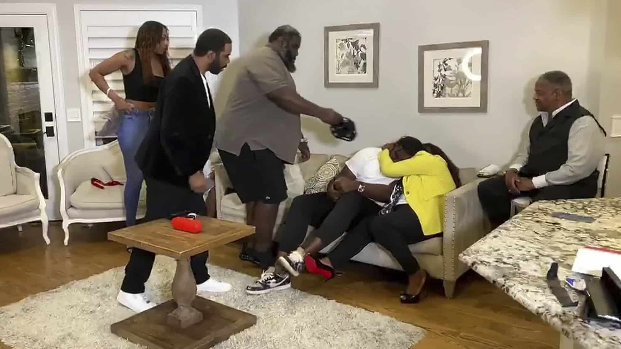 UNSPECIFIED LOCATION - APRIL 23: (EDITORIAL USE ONLY) In this still image from video provided by the NFL, Mekhi Becton, third from right, is hugged after being selected by the New York Jets during the first round of the 2020 NFL Draft on April 23, 2020.