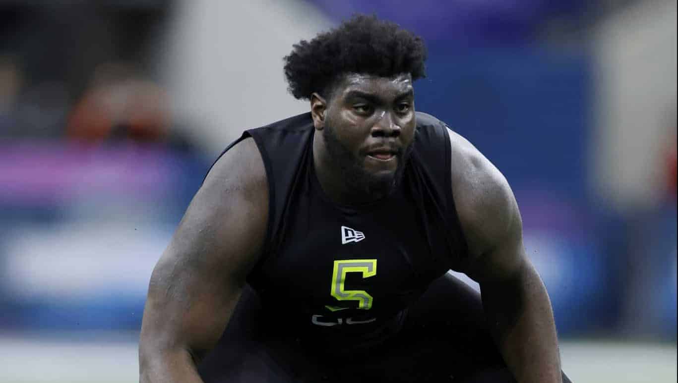 INDIANAPOLIS, IN - FEBRUARY 28: Offensive lineman Mekhi Becton of Louisville runs a drill during the NFL Combine at Lucas Oil Stadium on February 28, 2020 in Indianapolis, Indiana. New York Jets
